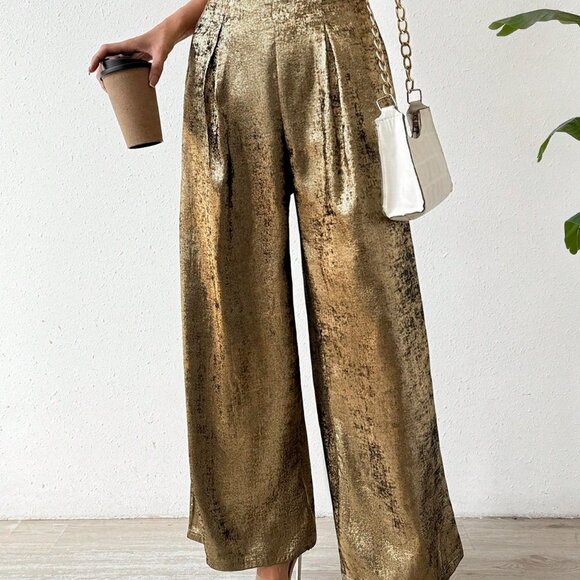 . Pants - Gold Preppy Women's Loose Glossy Pressed Pleated Long Pants